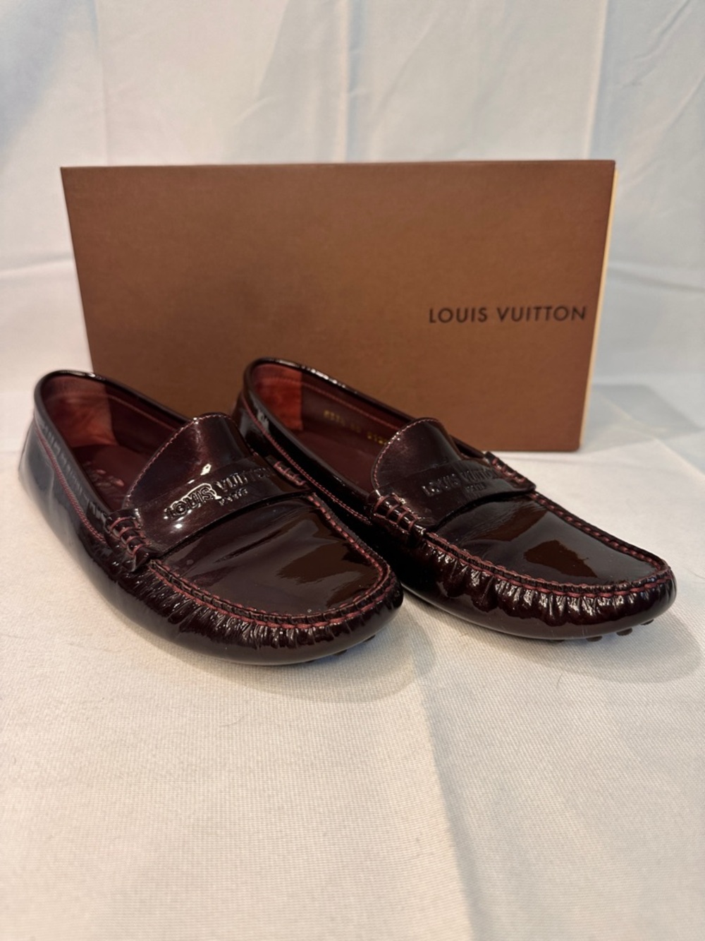 Louis Vuitton Patent Leather Driving Loafers Burgundy Flats Size 7.5